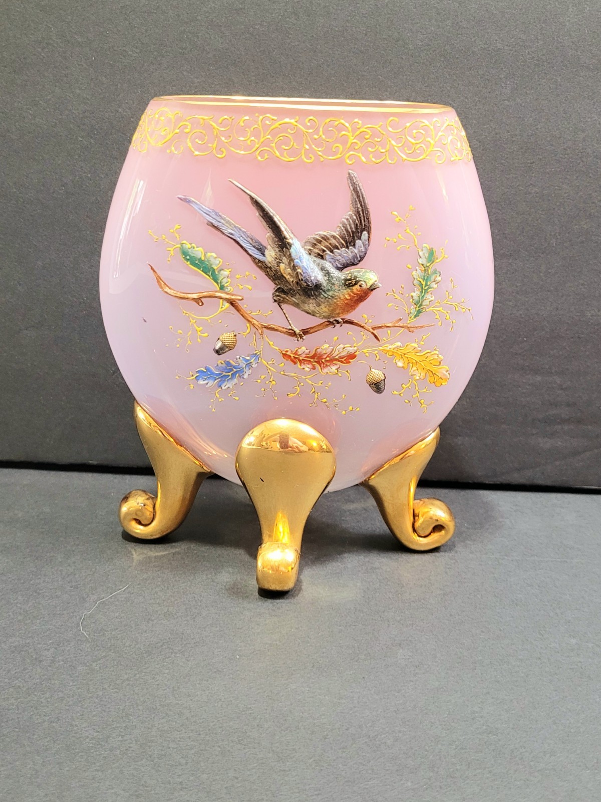 MOSER Victorian Glass Pillow Vase Pink & Gold Enamel Painted Bird & Accorns Rare