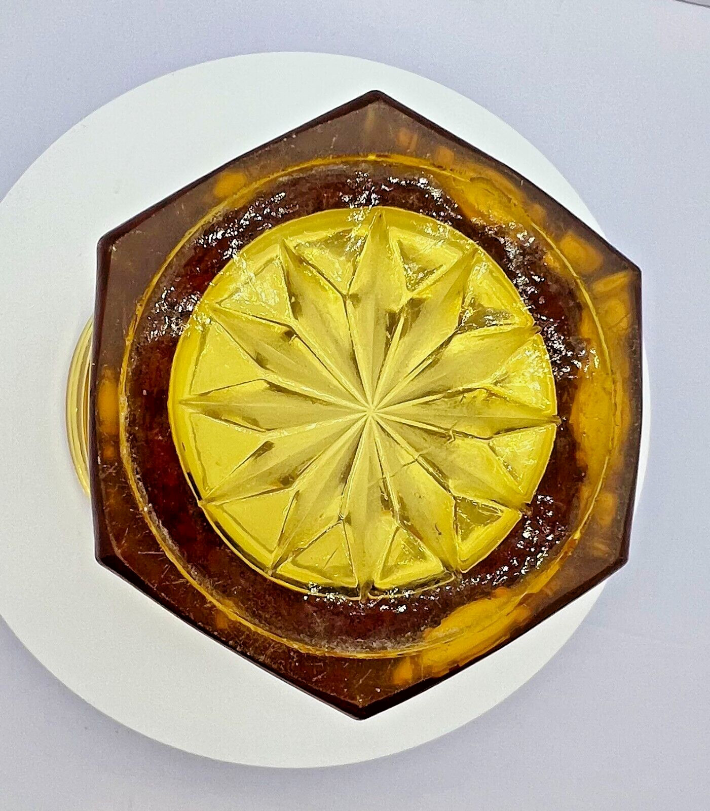 Rare Amber Glass Celery Vase 6-Scallop Hexagon Starburst Base MCM Hoosier Style