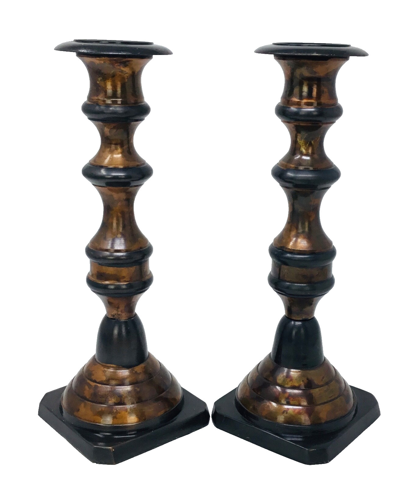Candle Stick Holders Set—2 Copper, Brass Tone, Black Painted Metal India 9.25”