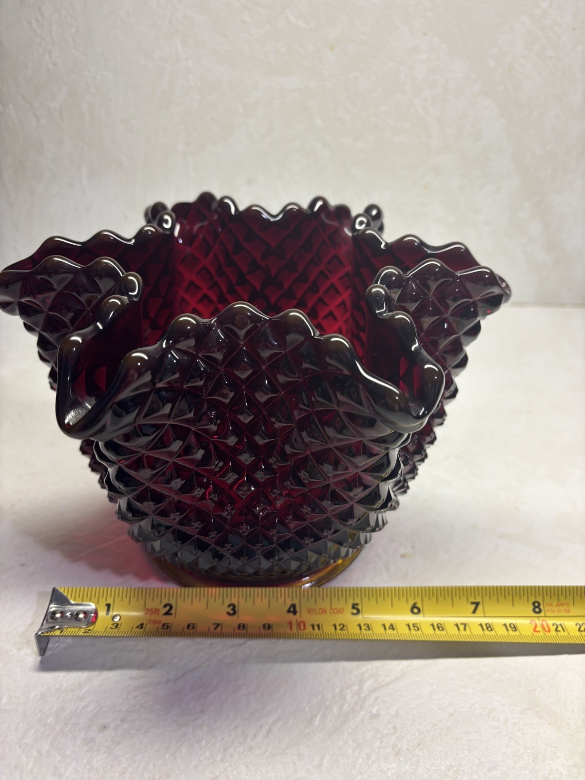 VTG Fenton Deep Red Ruffled Edge Hobnail Rose Bowl Vase 6 Inch