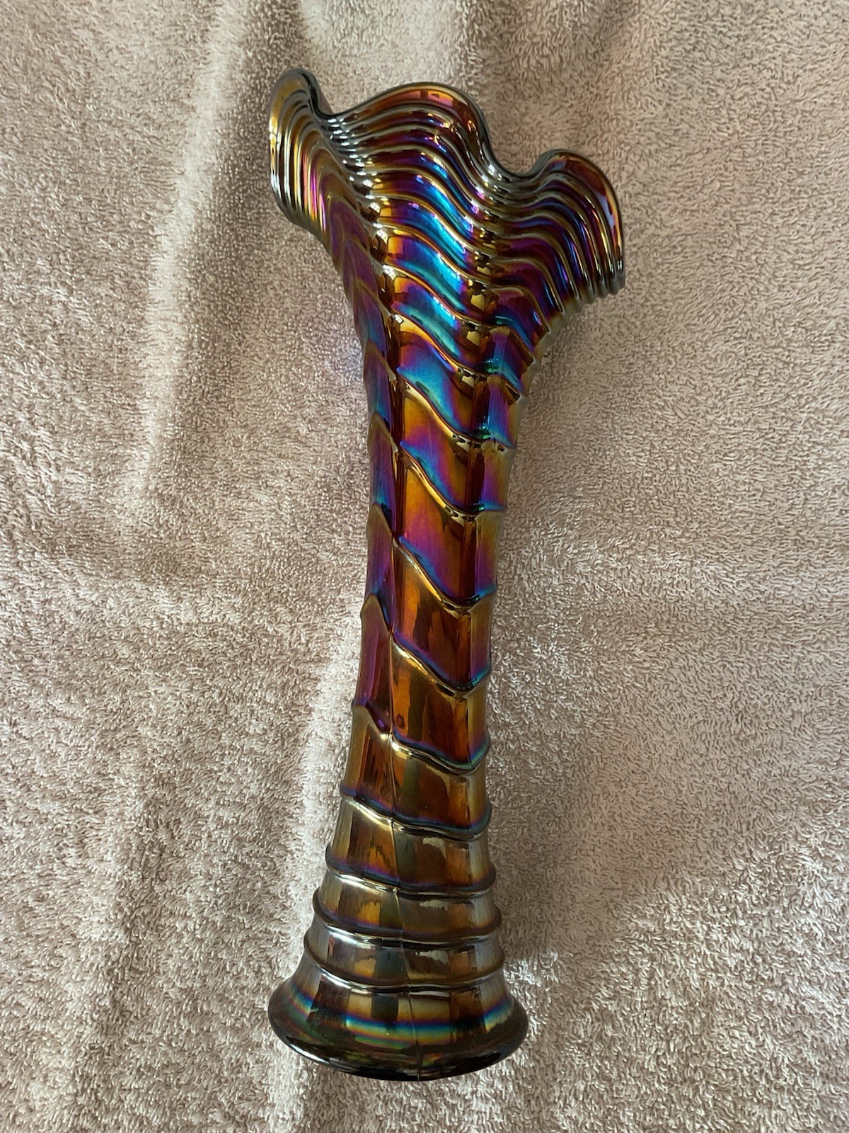 Vintage Fine Rib Amethyst Carnival Glass Vase 12” As Found