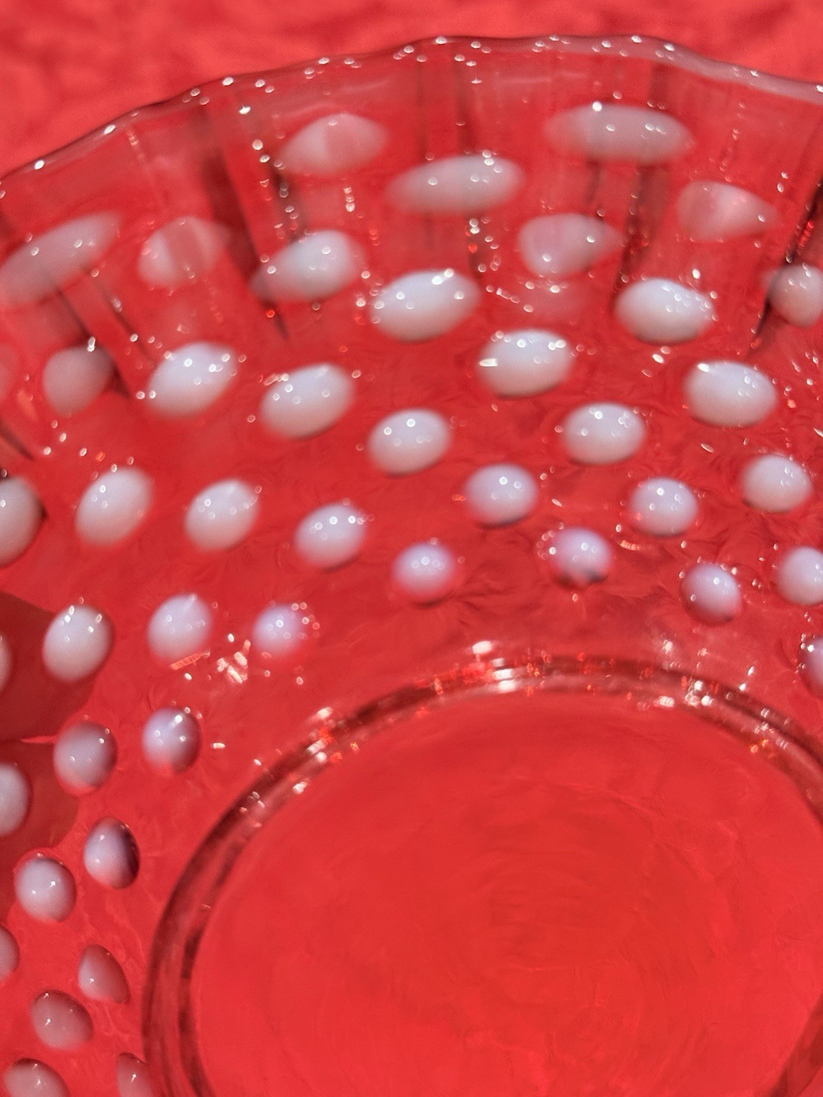 Vintage Fenton Cranberry Opalescent Hobnail Mayonnaise Set W/ Underplate & Ladle