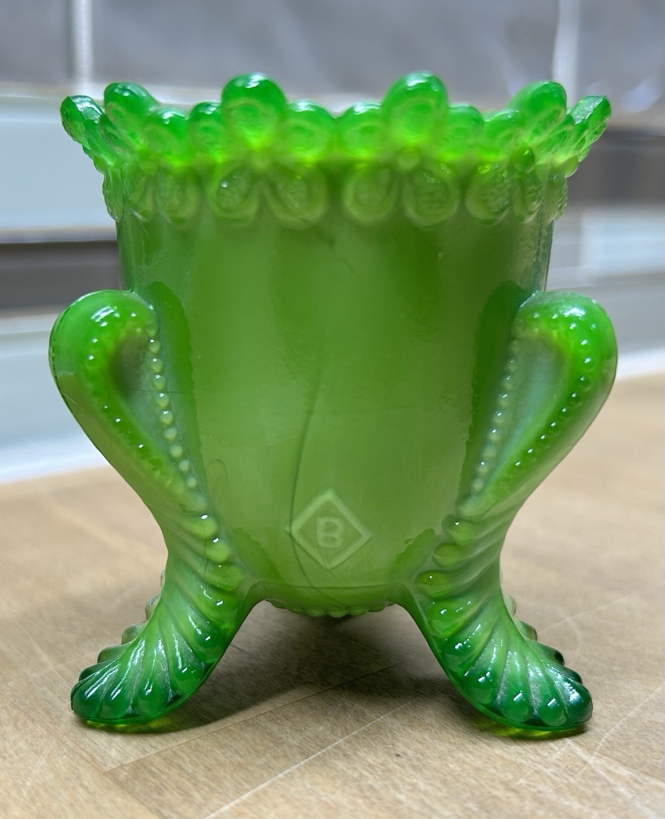 Vintage Boyd Forget Me Green Slag Glass Toothpick Holder 2.5 Inches Tall