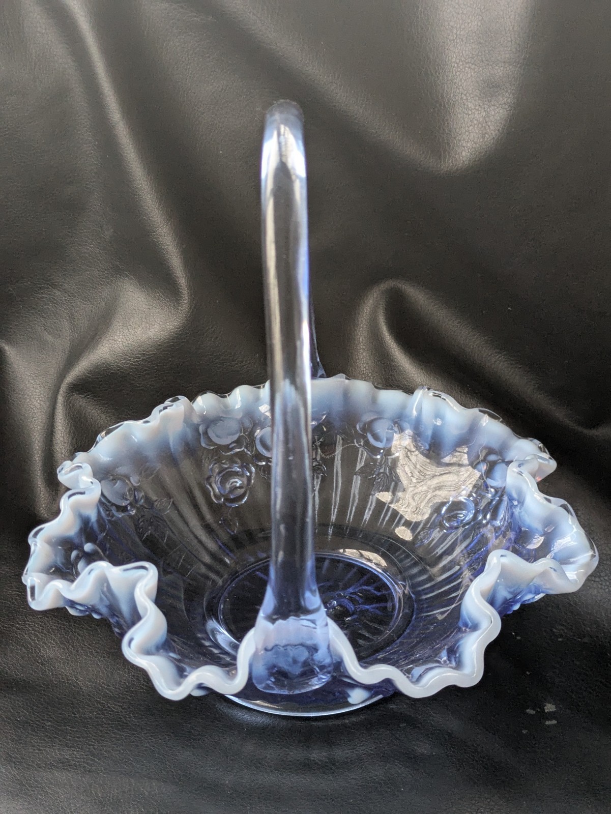 Fenton Glass Bride Basket Raffled Lavender Blue Opalescent Cabbage Rose 7.5 Inch