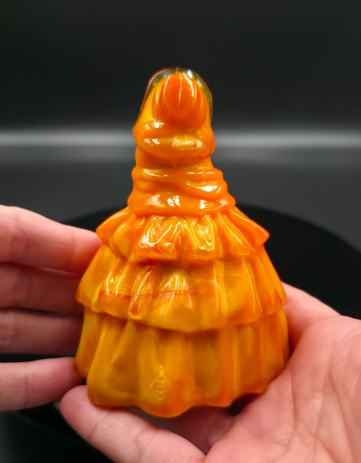 Boyd Art Glass Louise Colonial Doll Marigold Orange Slag 4.5″ UV Reactive GLOWS