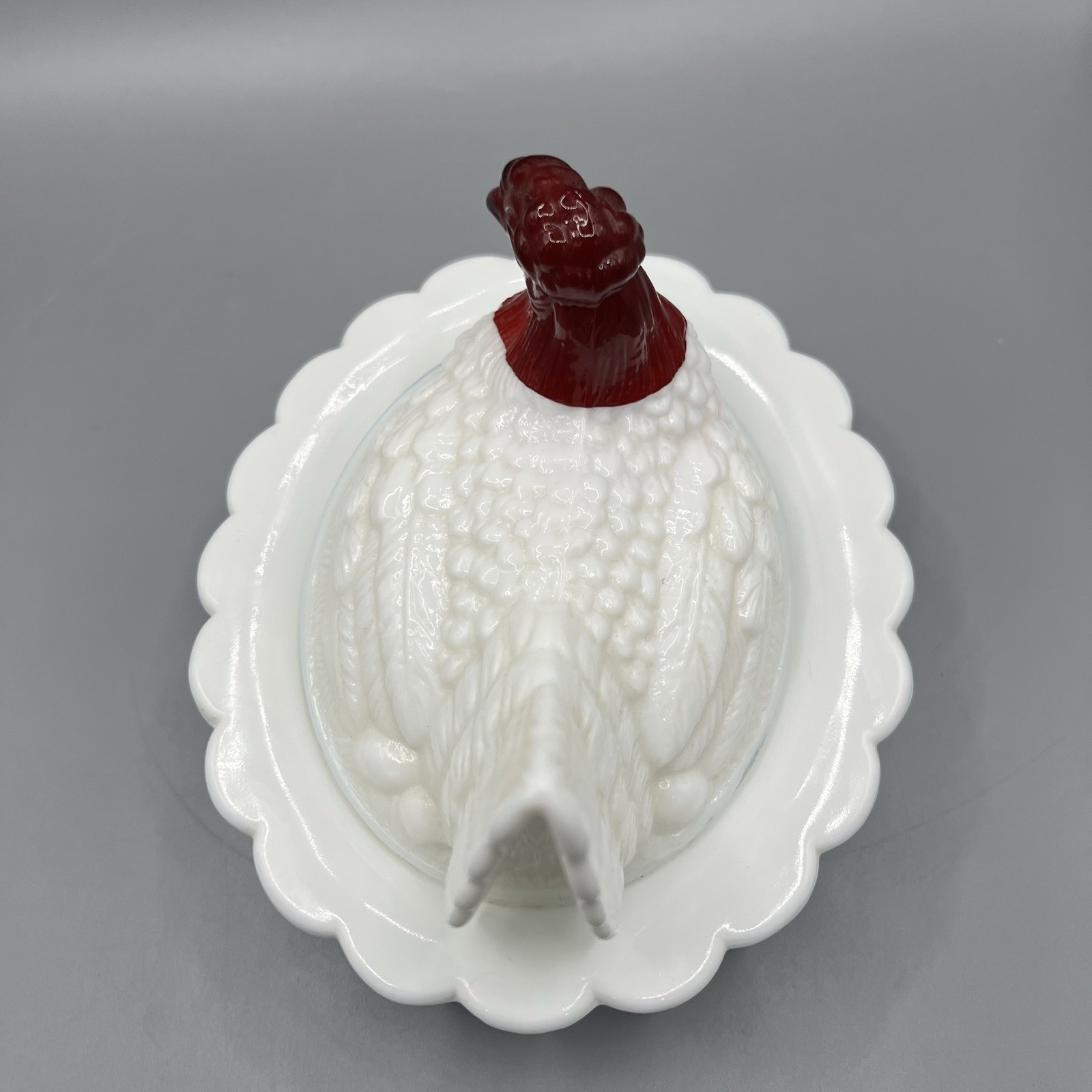 MOSSER RARE White Milk Red Slag Head Art Glass Hen On Nest Candy Dish !Glows!
