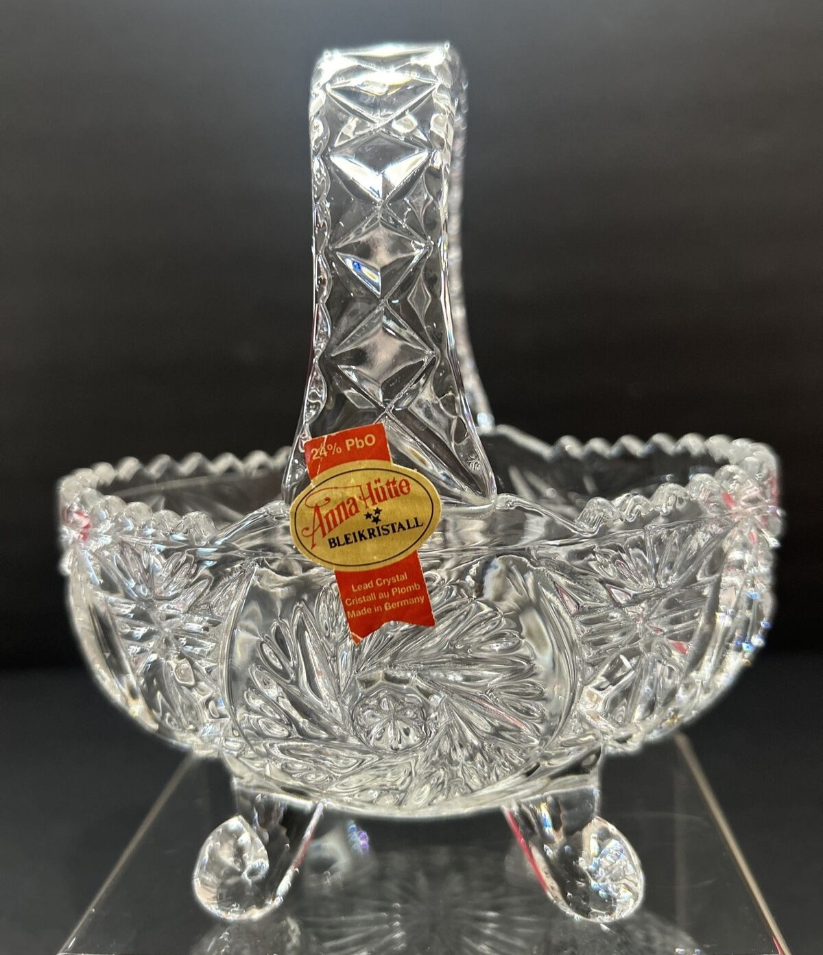 Anna Hutte Bleikristall 4.5″ Lead Crystal Basket Cut Glass Germany Footed Handle