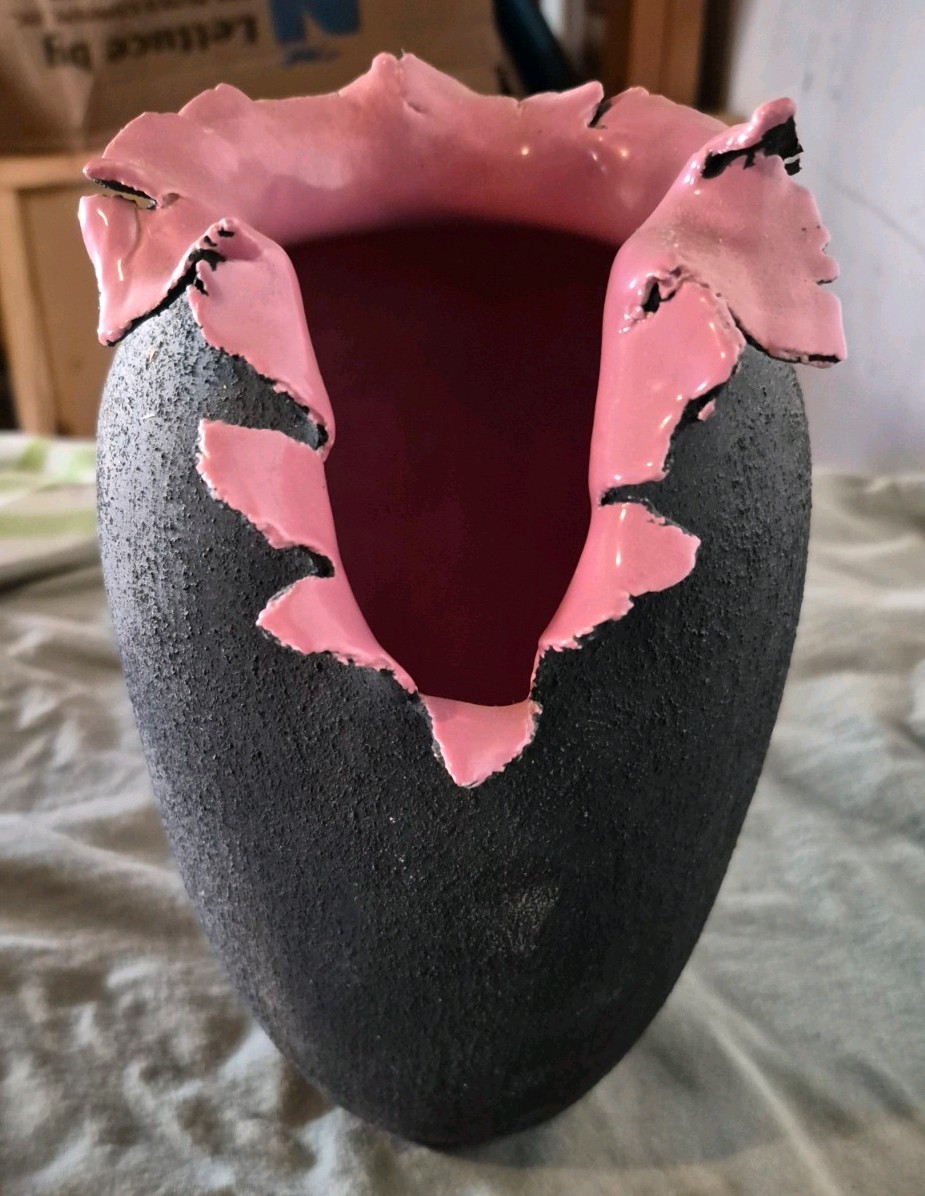 Ceramic Decorative Vase Black Pink Matte Glossy Finish with Ruffled Rim