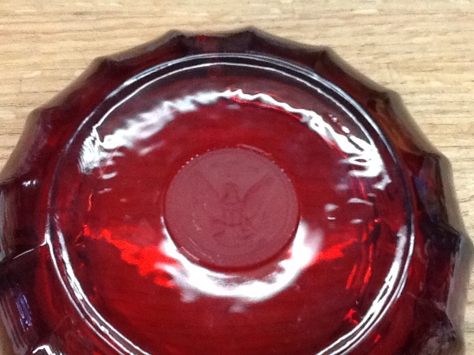 Fostoria Glass ruby red coin glass ashtray 1887 commemorative eagle coin design