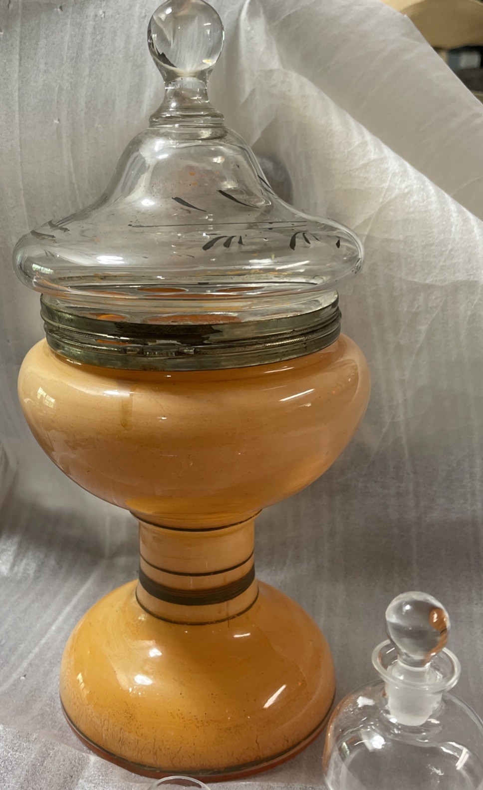 Antique Glass Decanter, Hand Painted A Brass Band W Hinges/ Clasp Connecting Lid