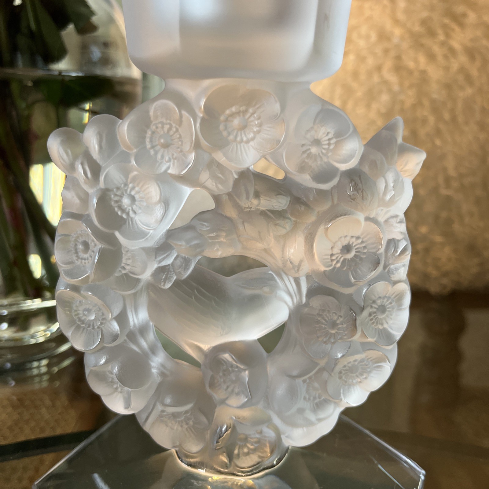Lalique France Frosted Glass Mesanges Birds In Flower Wreath Candlestick 6.5″