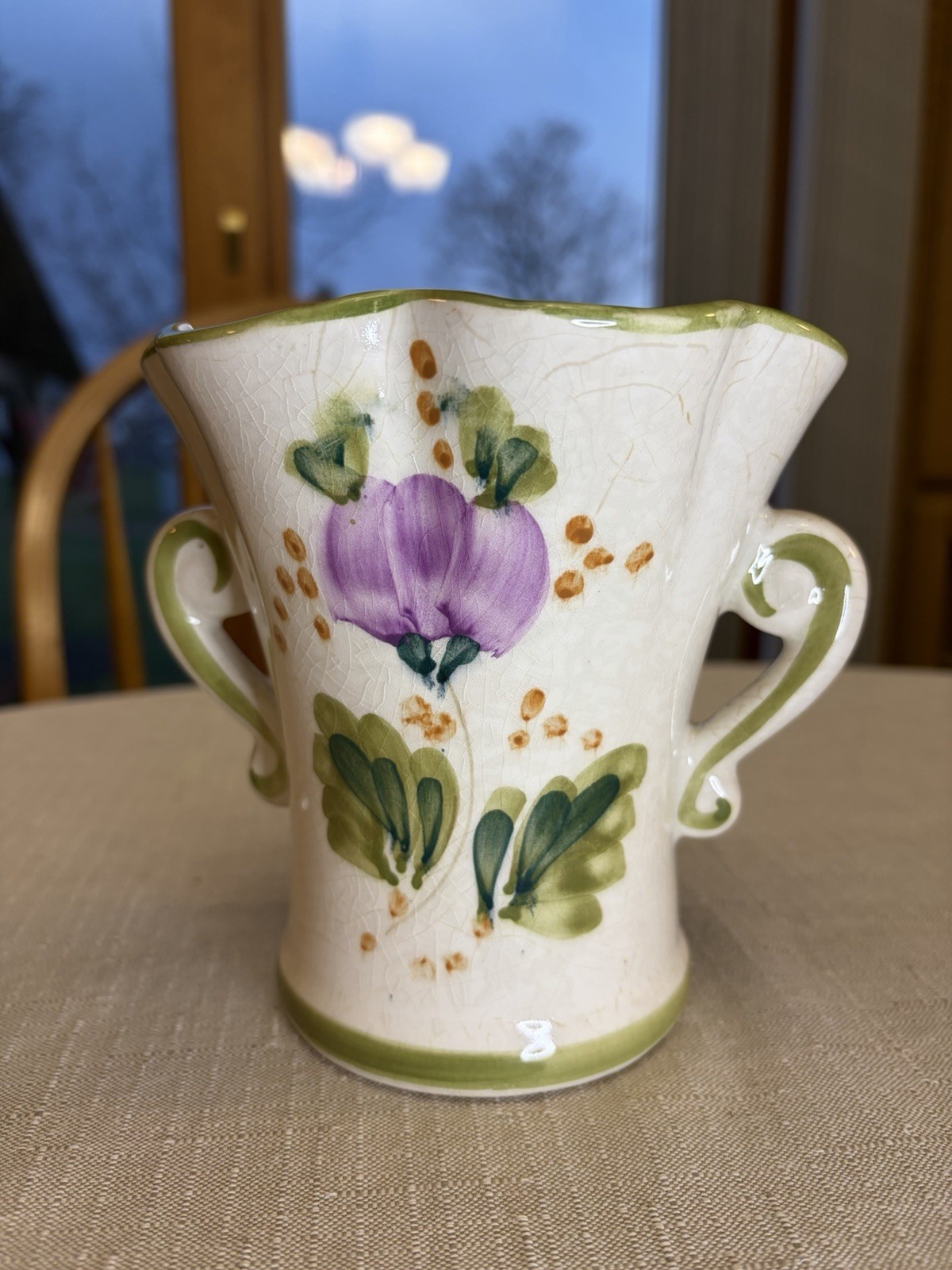 FTD Hand Painted CrazingCeramic Floral Vase With Handle Portugal 5.5 ” x 6”