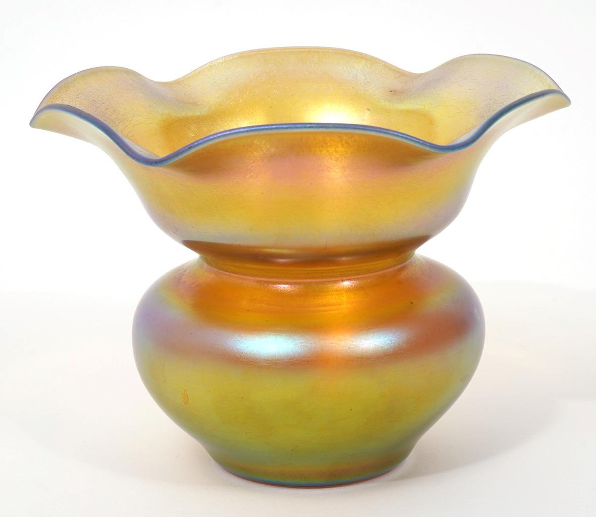 Steuben Aurene Iridescent Gold Ruffled Vase 2635, 5″ wide by 3 1/2″ Tall