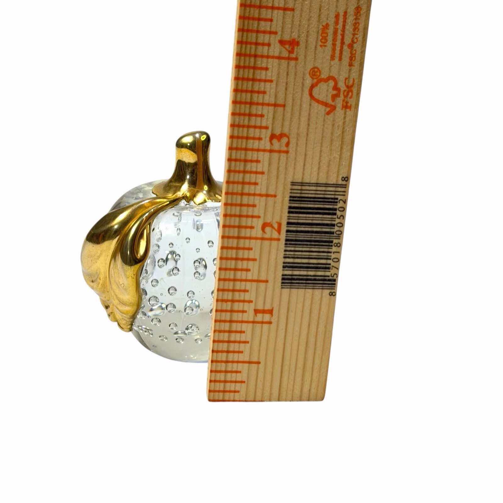 Vintage Art Glass Apple Paperweight with Controlled Bubble Clear Gold Stem