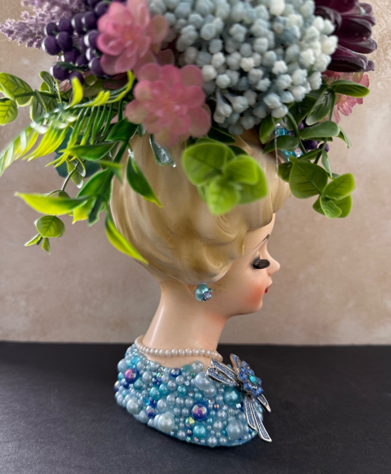 VINTAGE LADY HEAD VASE INARCO OOAK REIMAGINED “BLUE BUBBLES” OUTSTANDING 12”