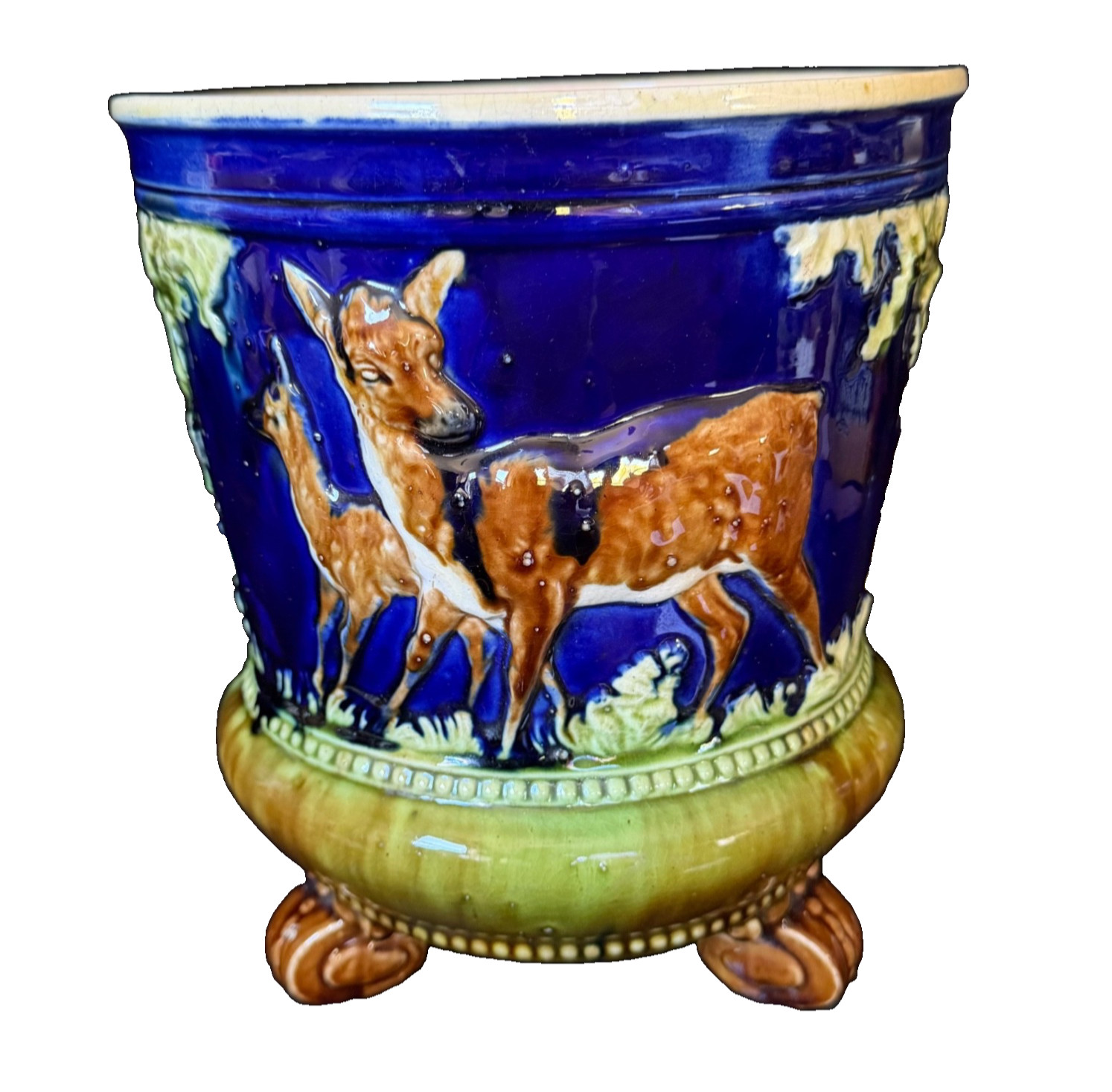 ENGLISH MAJOLICA DEER & TREES JARDINIERE Thomas Forester c1880 (Prof. Restored)