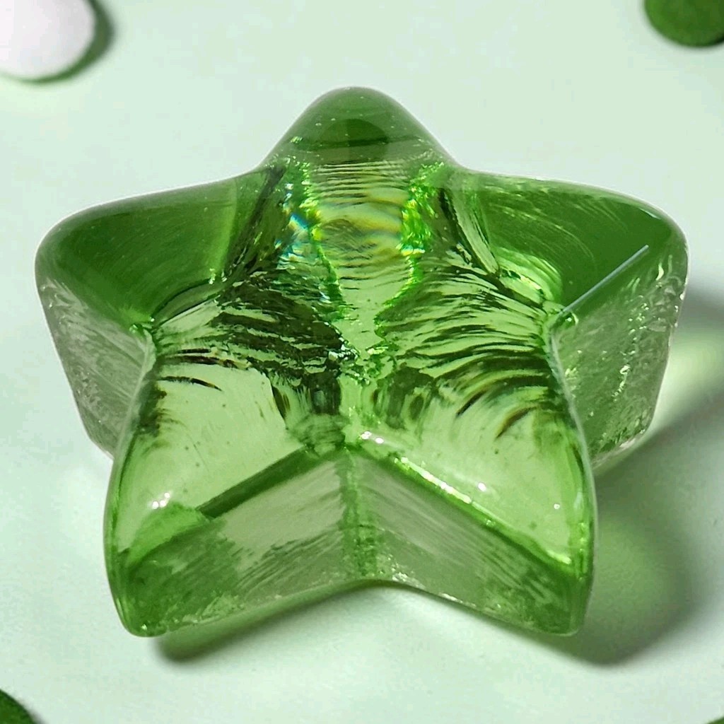 Vtg Fire and Light Green Star Paperweight 1.75″T Recycled Art Glass Signed EC