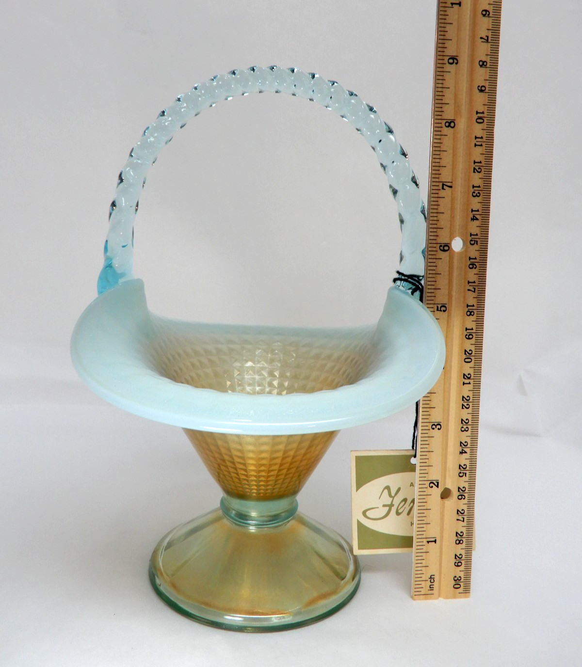 Fenton Opalescent Pedestal Basket Twist Handle Pale Aqua Blue/Gold 9 in Tall NOS