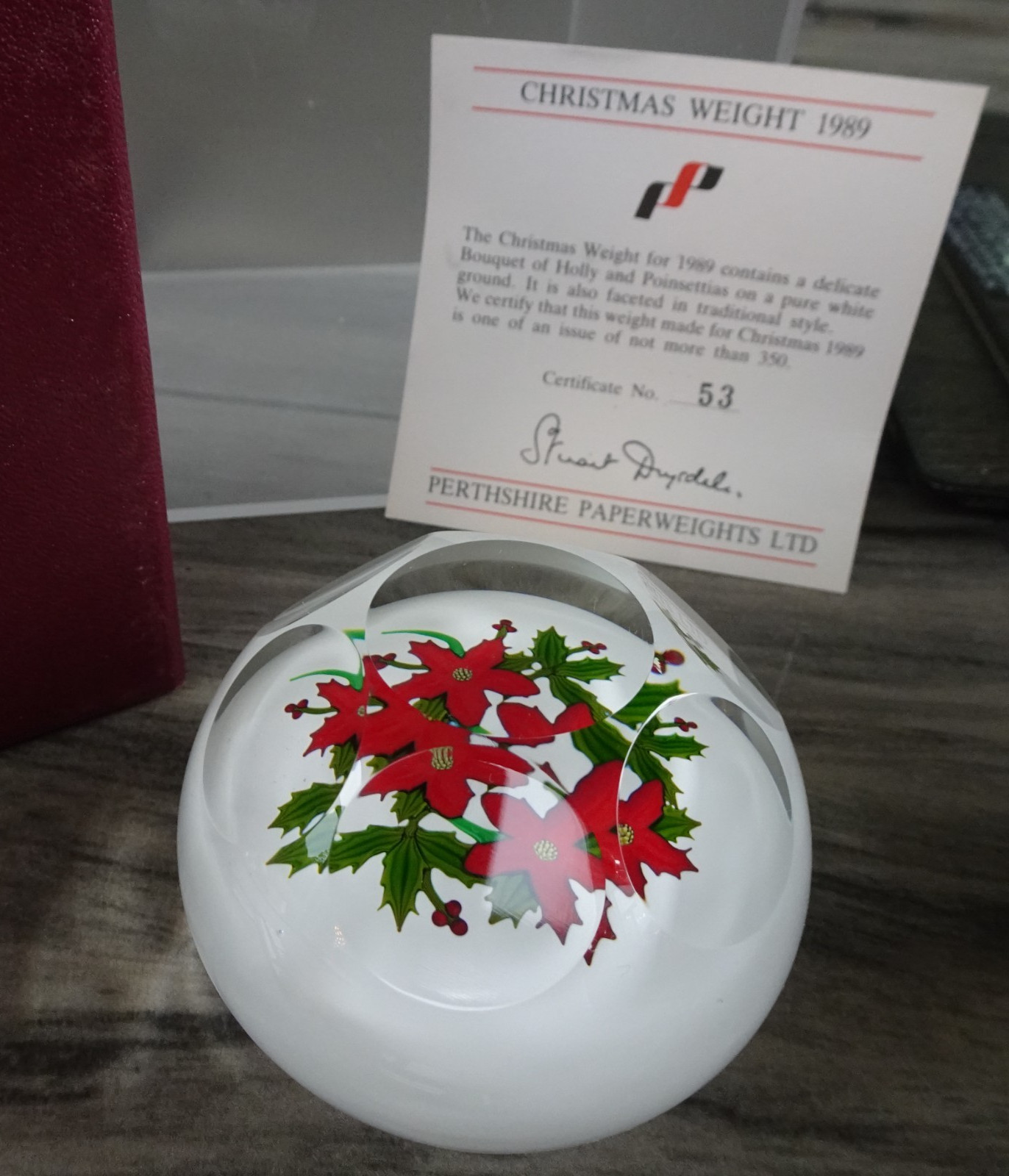 Perthshire Glass L/E Faceted 1989 Christmas Holly Poinsettia Paperweight #53