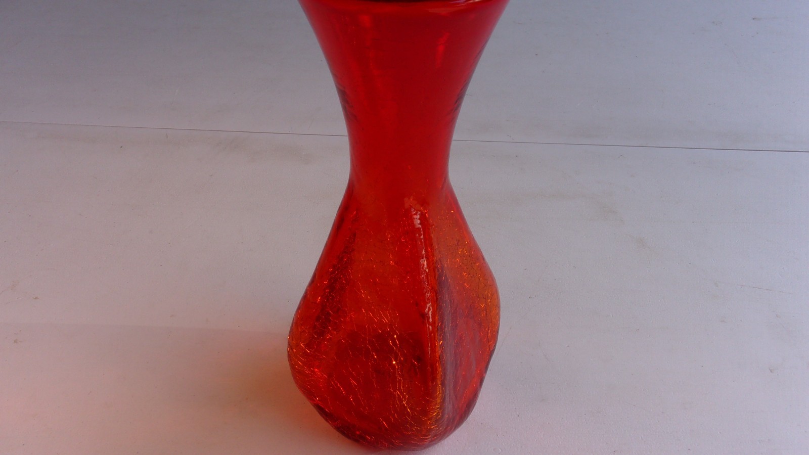 VTG Blenko Rainbow Glass Redish Orange Crackle Glass Pinched Body Art Glass Vase