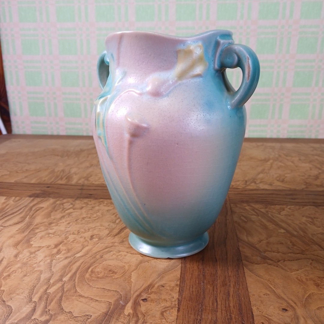 VTG 1940s Roseville Pottery Poppy Vase 868-7 Pink Blue Colorway Deco Craftsman
