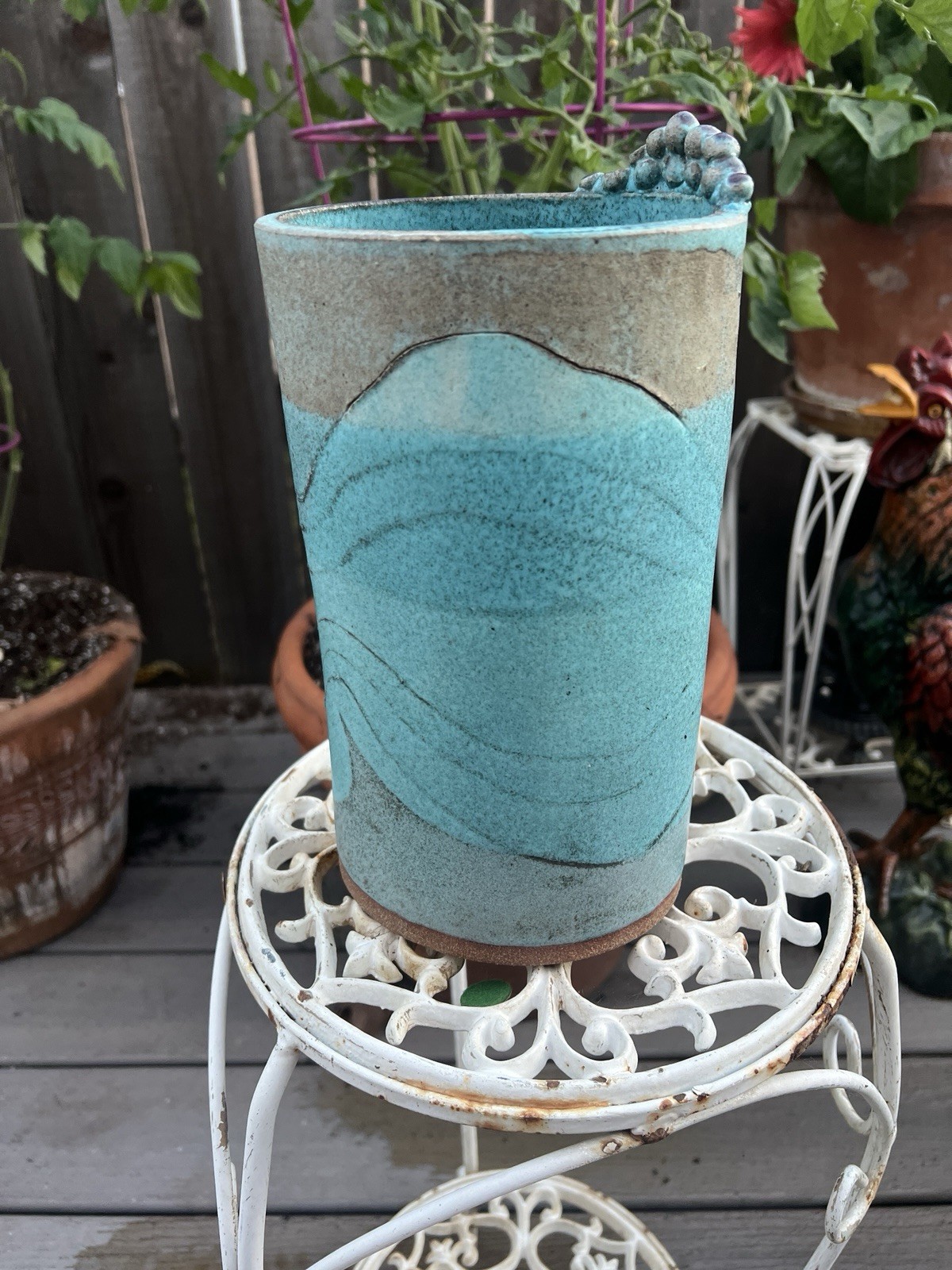 Artist Signed Zeltzer RAKU Style Studio Art Pottery 9.5” X 5.5” Teal And Grey