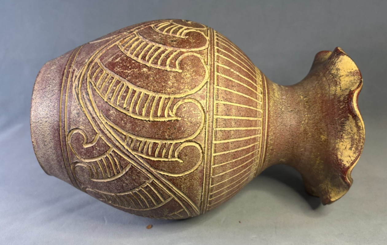 Thai Terracotta Art Pottery Vase Carved Tribal Geometric Decorative Vessel