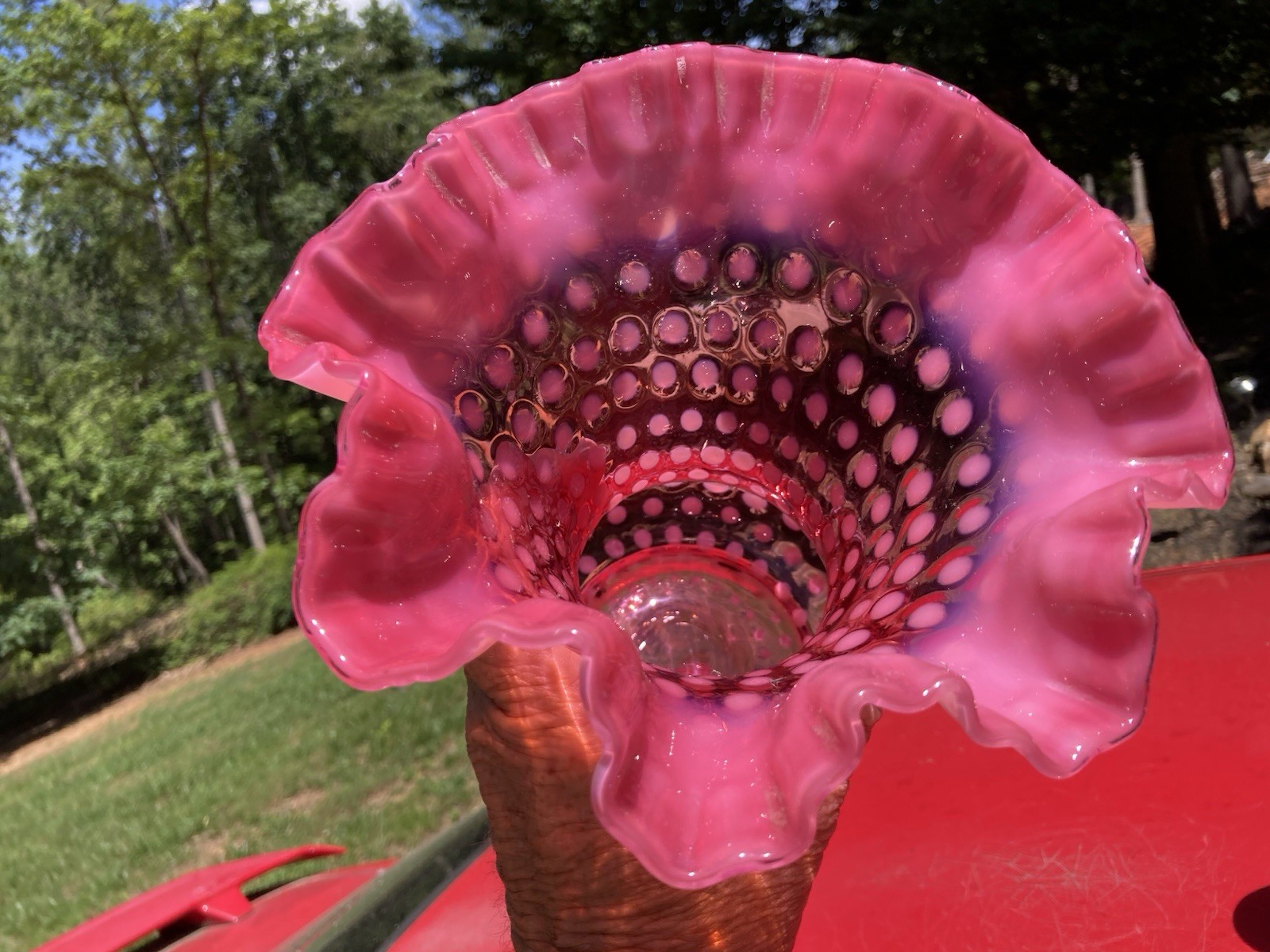 VINTAGE FENTON ART GLASS CRANBERRY OPALESCENT POLKA DOT VASE