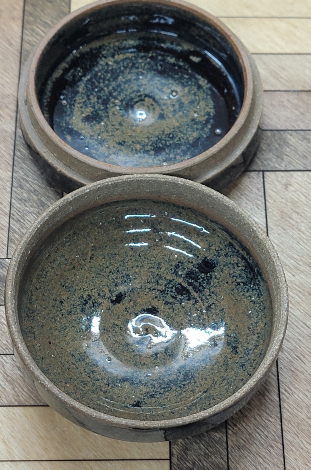 Domed Lid Art Pottery Round Trinket Box Signed Spices Black Beige Earthy Speckle