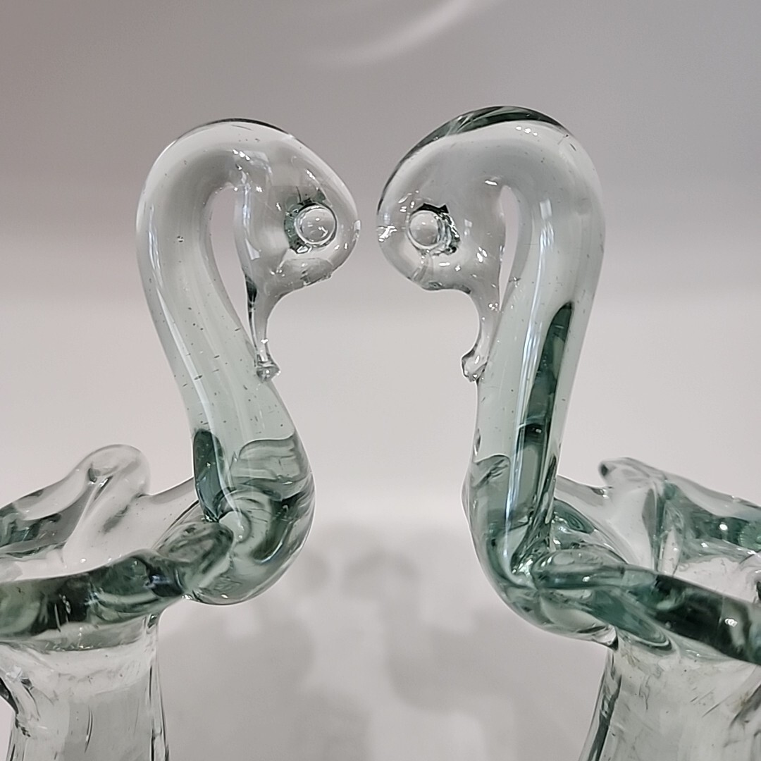 Vintage Matching Pair of Swan Glass Bud Vases 6.5in Green Blown Art Glass FLAW