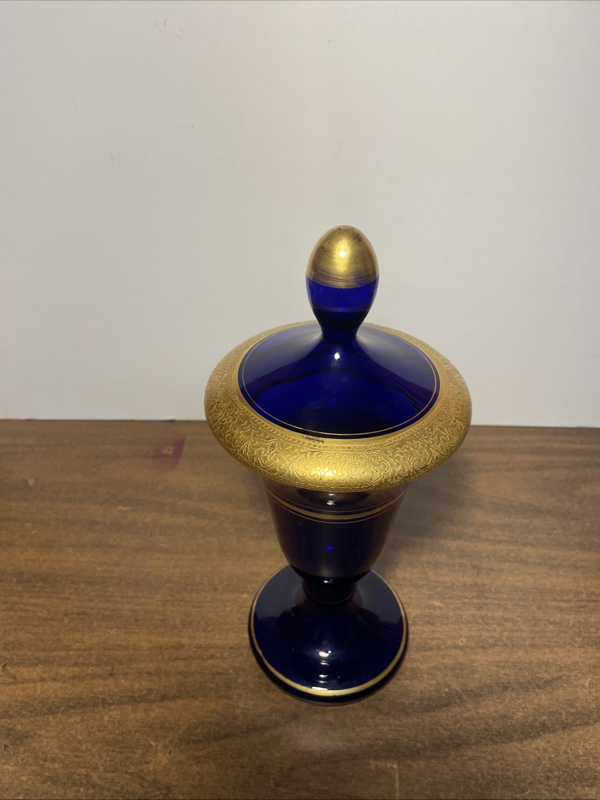 Vintage Cobalt Blue Glass Decorative Jar With Lid Gold Trim Marked Germany