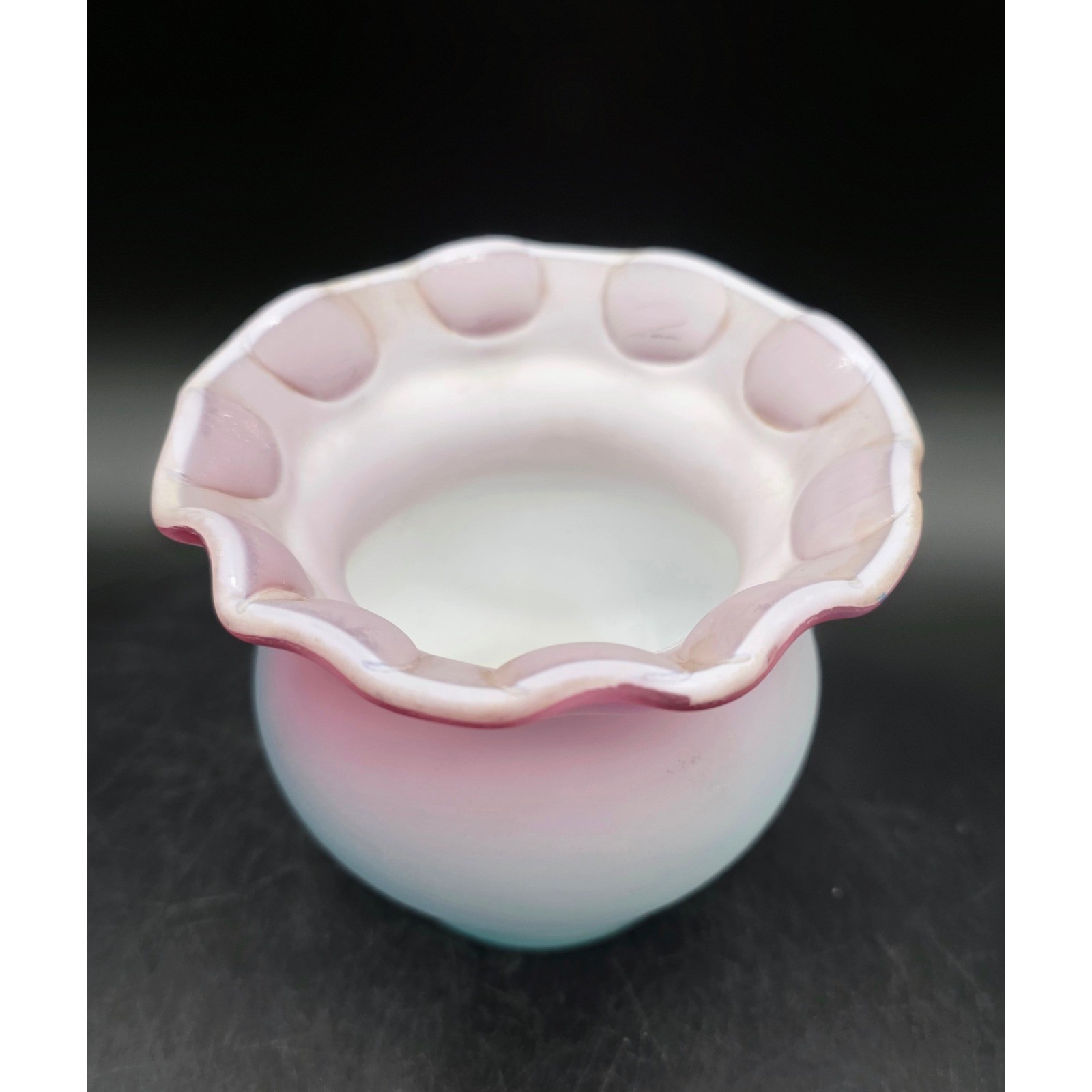 Vintage Murano MOP Burmese Satin Glass Pink White Blue Ruffled Thumbprint Vase