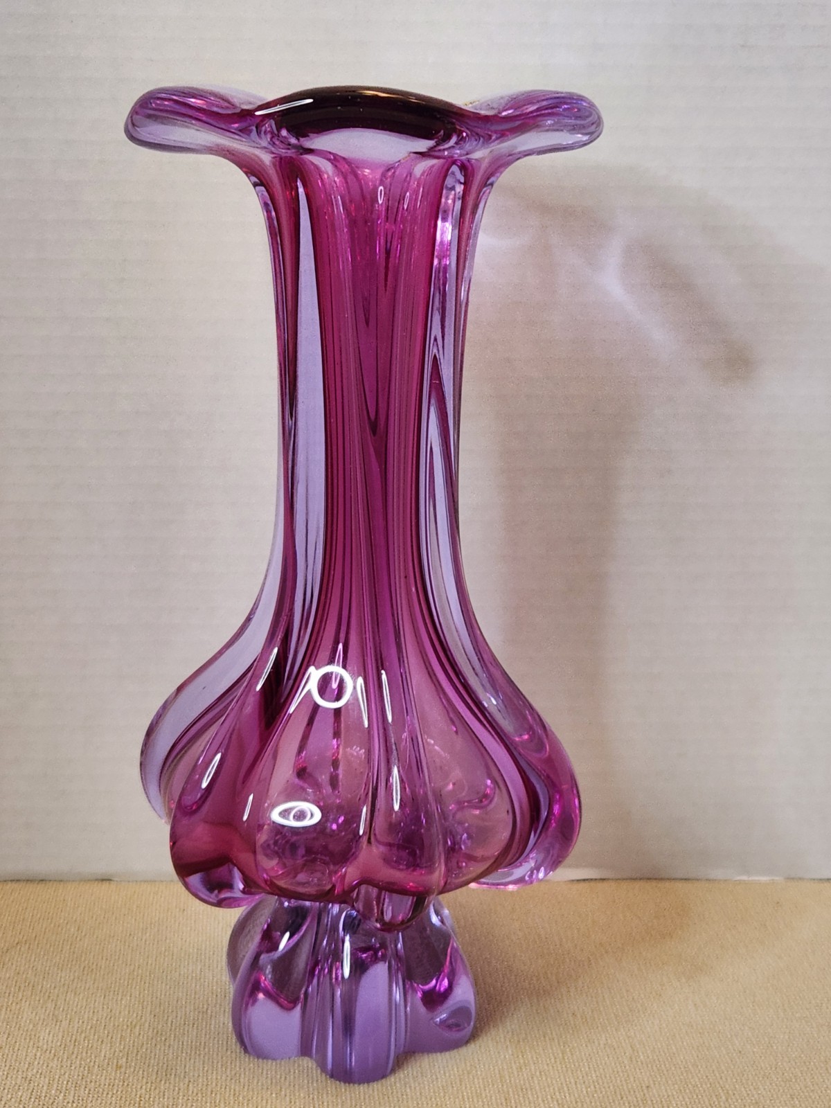 Vintage Handmade Czech Republic Bohemian Glass 11.5″ Vase Cranberry Neodymium