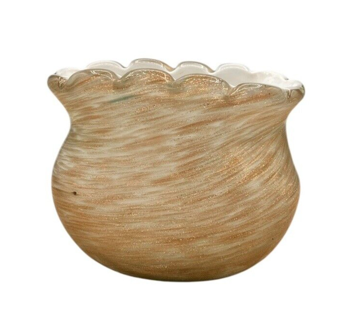 Murano Glass Ruffle Top White & Gold Leaf Swirl Vase & Dish Scalloped Edge SMALL