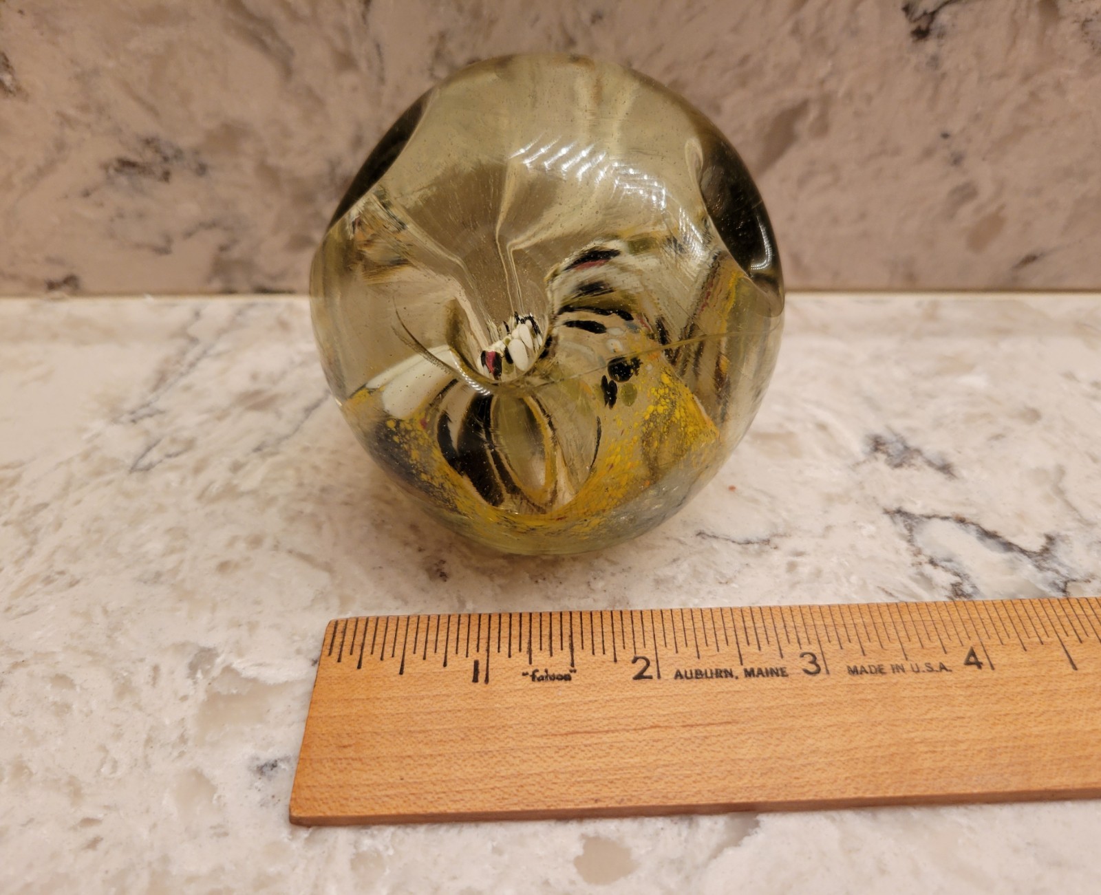 VINTAGE MURANO STYLE ART GLASS HAND BLOWN PAPERWEIGHT YELLOW WHITE BROWN SWIRLS