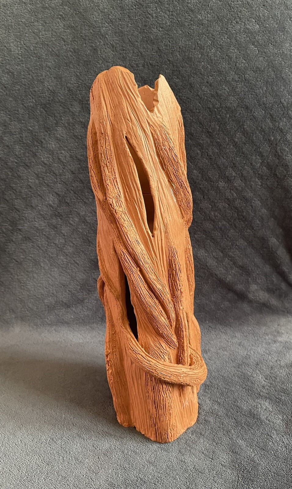 Vintage Carved Abstract Terracotta Clay “Man In The Tree” Sculptural Vase