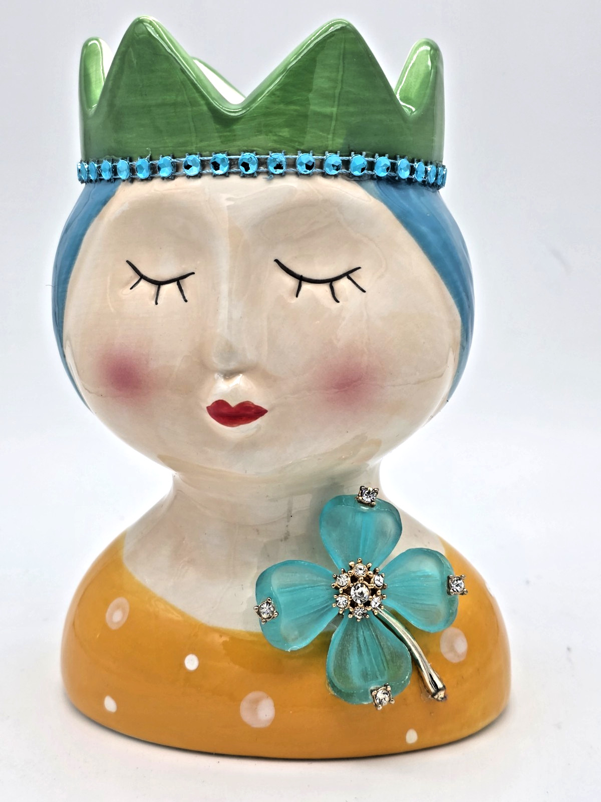 Ceramic Multicolor Woman Head Vase, Polka Dot Pattern, Decorative, 6 in, Glossy
