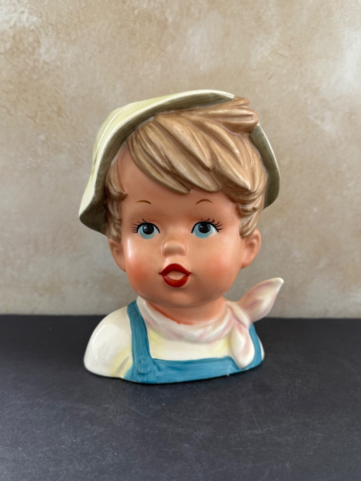VINTAGE LADY HEAD VASE BRINNS BLONDE YOUNG BOY HAT SCARF 6.5”