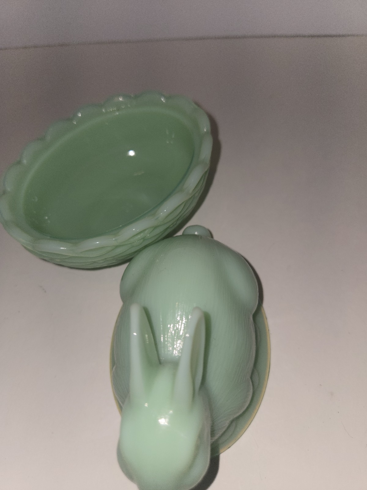Mosser? Jade Glass Bunny on Basket Nest JADEITE Easter Spring Rabbit Vintage