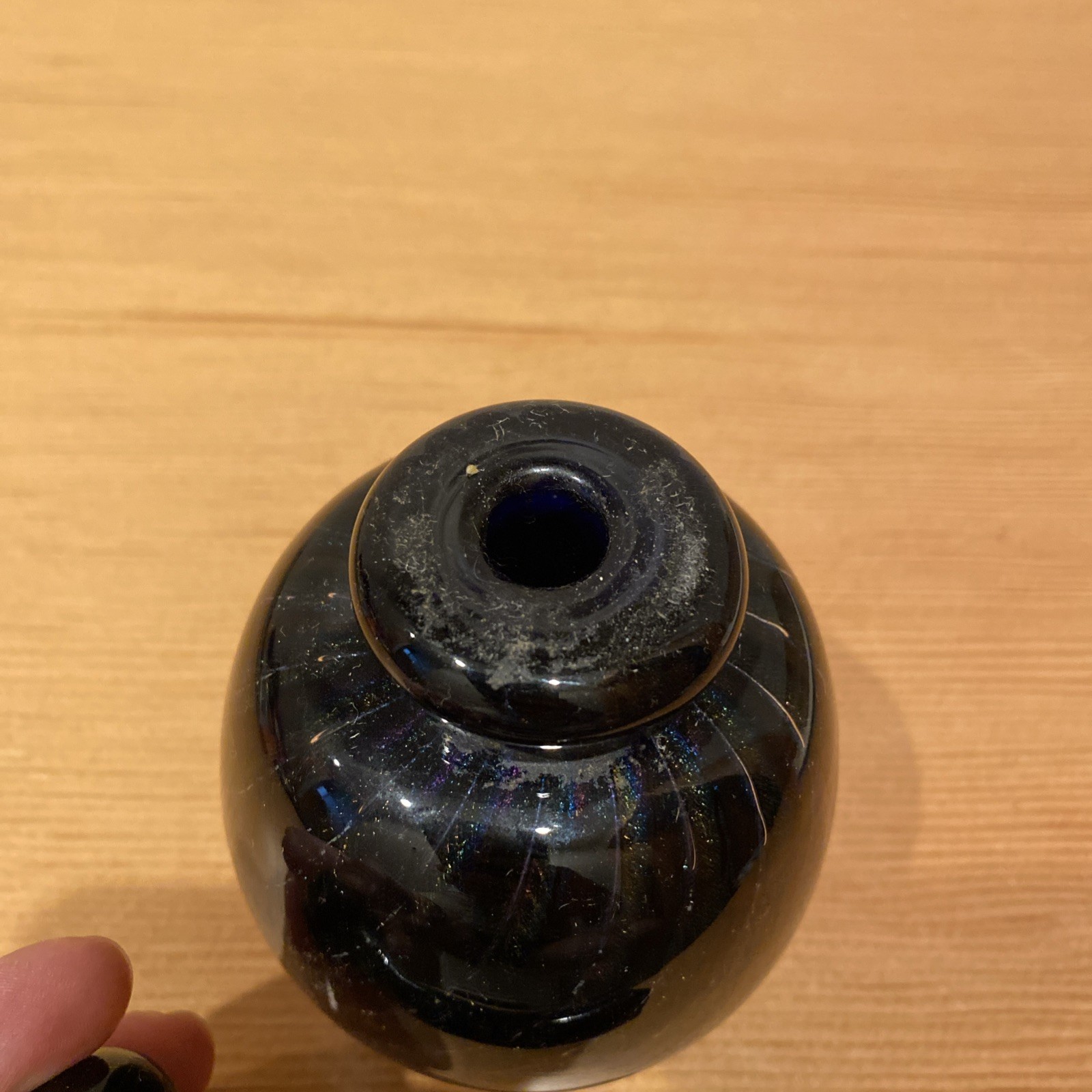 Robert Eickholt Art Glass Perfume Bottle, Black Gold Swirl 1986 Signed