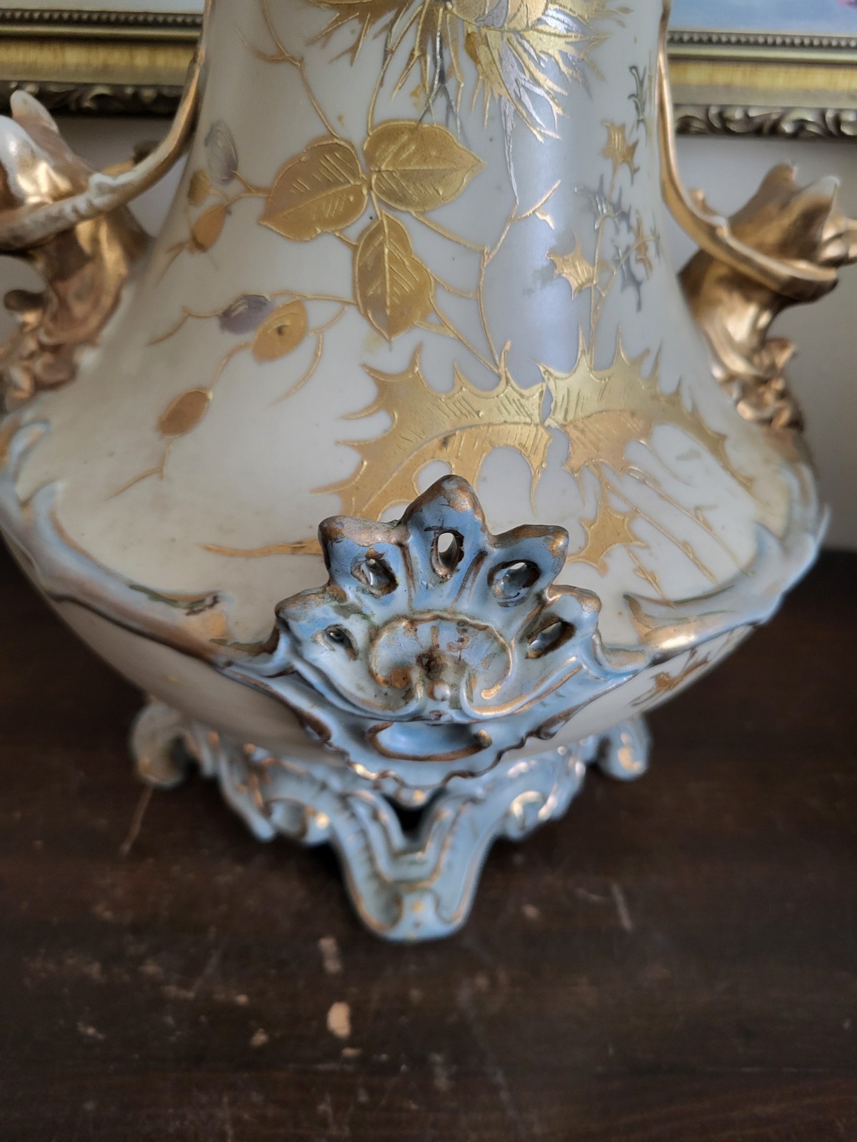 Antique RS Germany Large Hand Painted Porcelain Vase Lion Handle Gold Flowers