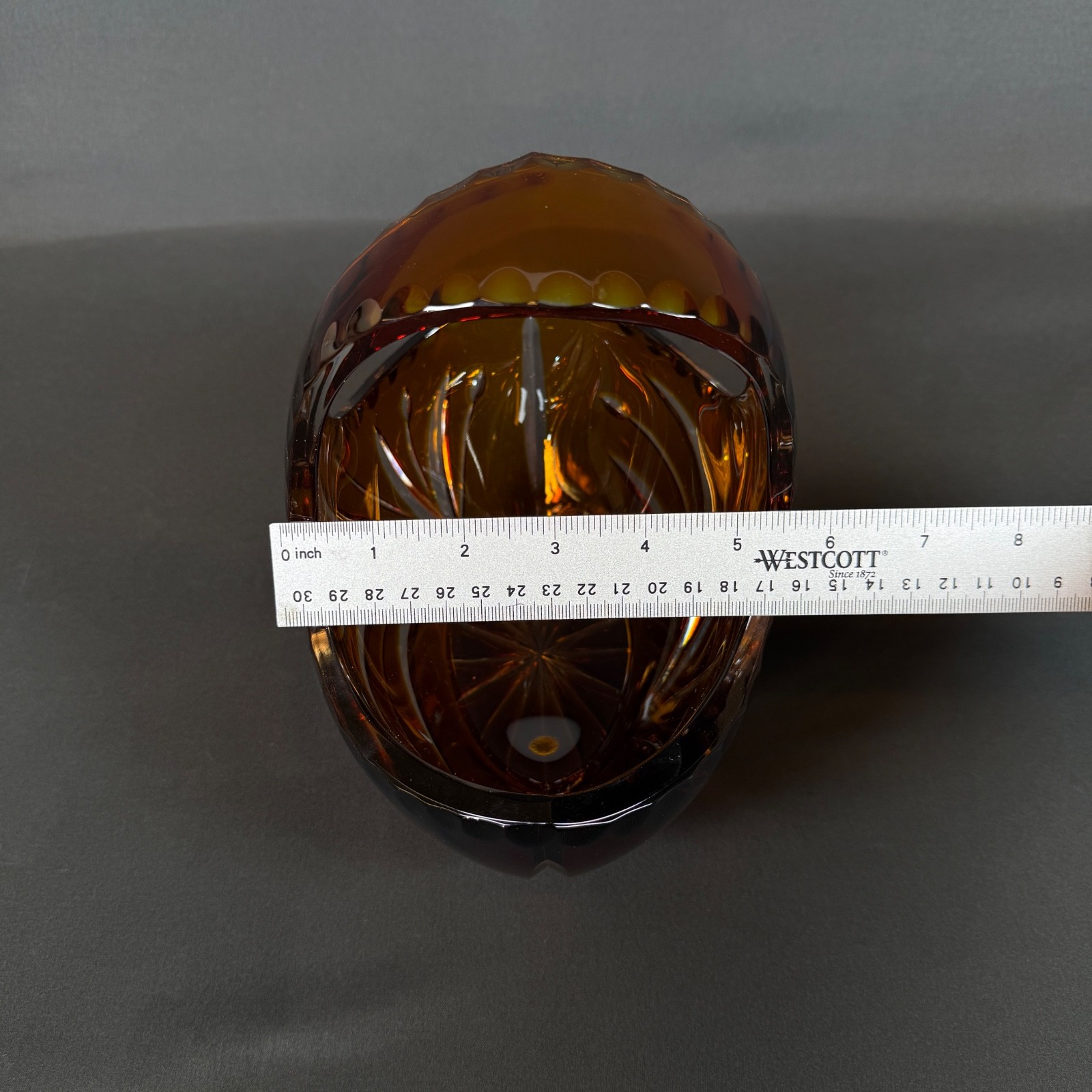 Vintage Heavy Amber Art Glass Handled Basket Candy Dish Centerpiece Bowl 8″h