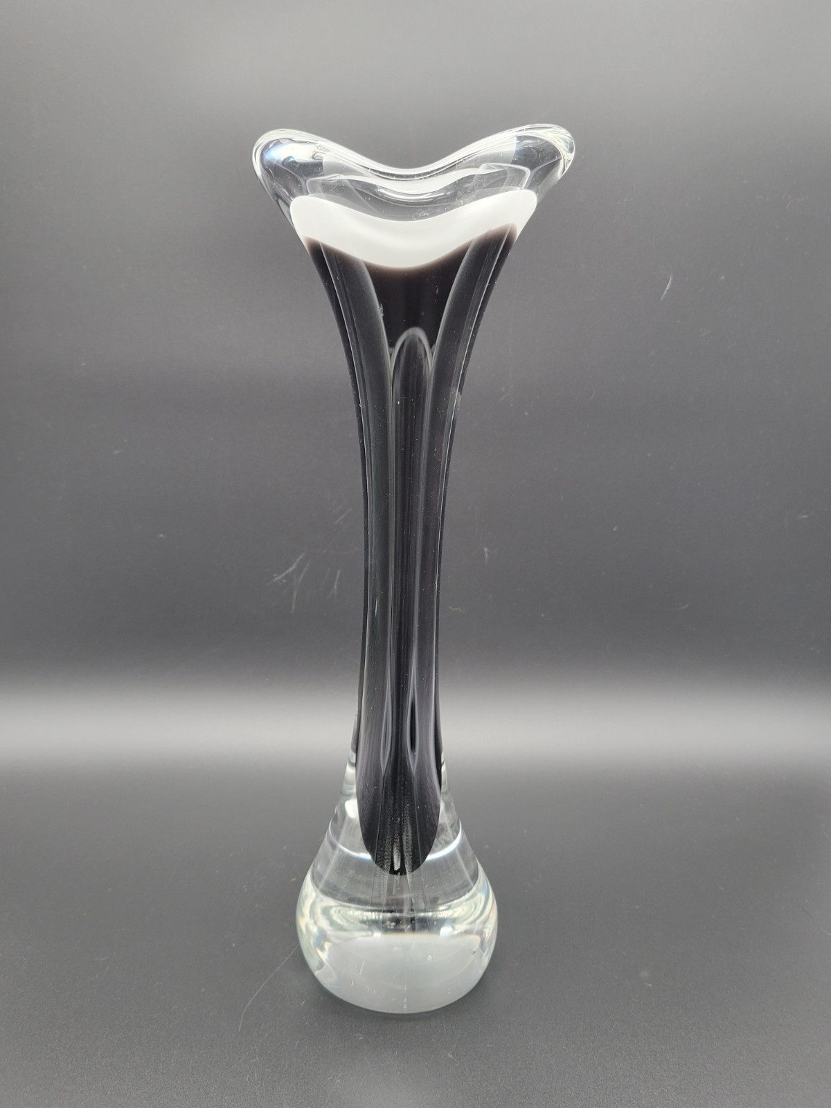Vintage MCM Flygsfors Coquille 12 Inch Art Glass Vase Cased Black White Clear