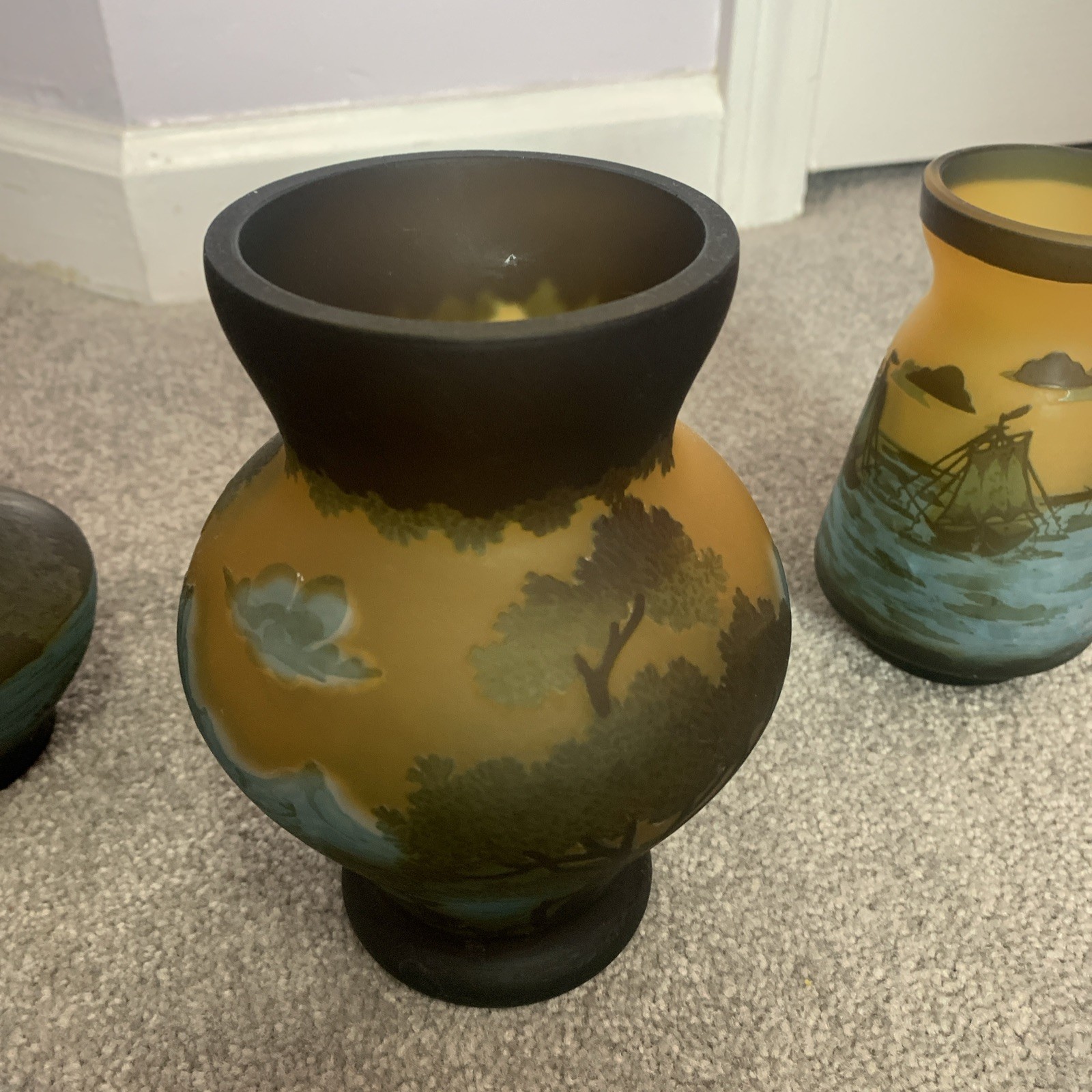Vintage Petrache Handmade Cameo Art Glass Vase set 7″ Romania Art Nouveau Etched