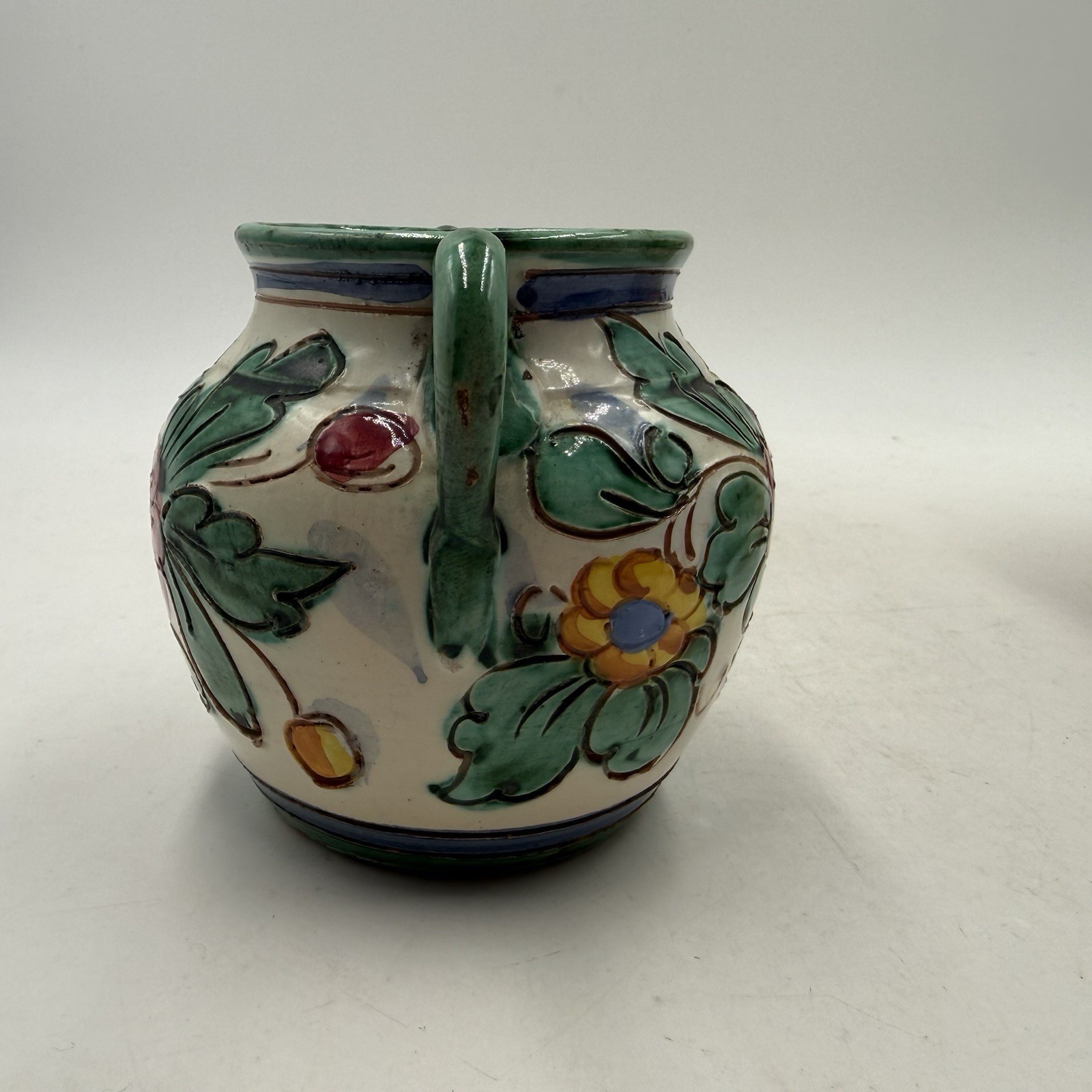 Vintage Double Handle Ceramic Vase Handpainted Italian Vanro Art Pottery Floral