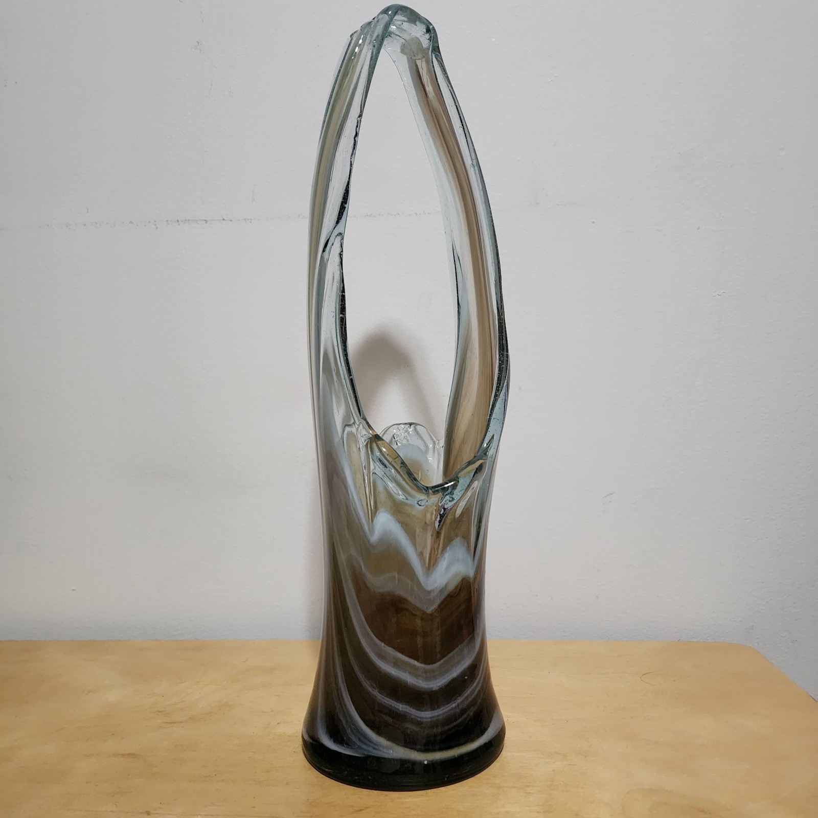 Vintage MCM Hand Blown Pulled Art Glass Basket Vase Swirl Pontil Chalet Murano