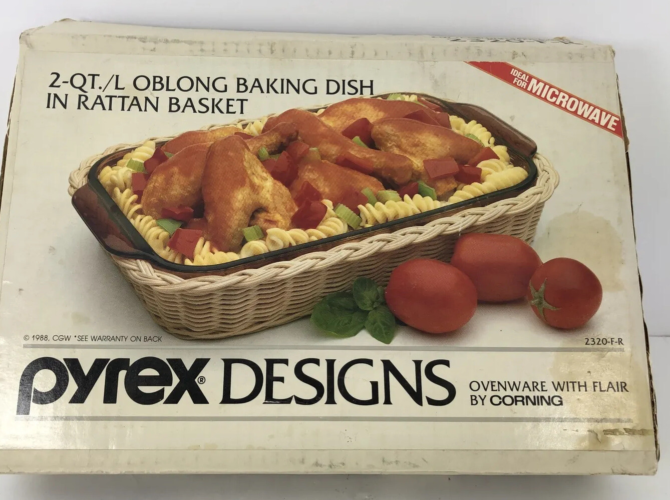 Vintage Pyrex Design 2QT. Oblong Baking Dish (clear)in Rattan Basket 2320-F-R.