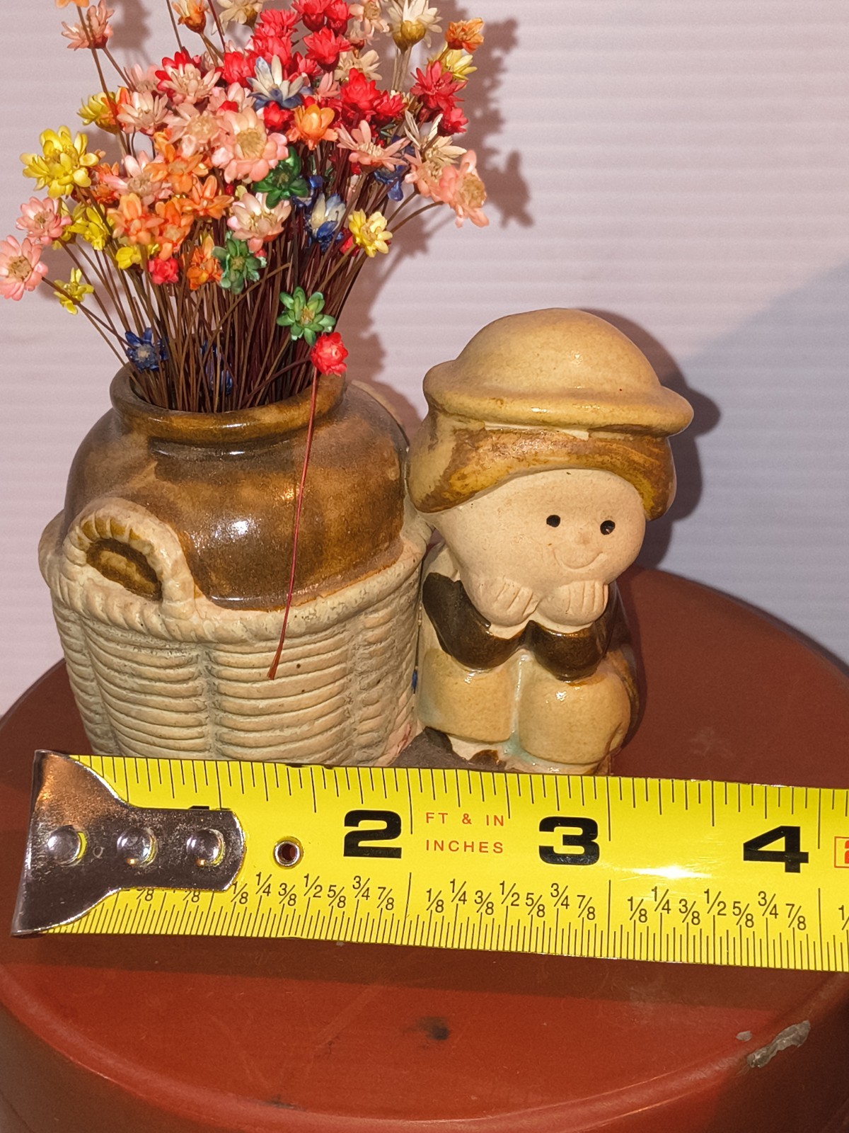 Vintage UCTCI Stoneware Figurine Sitting Boy With Basketweave Pot Flower Vase
