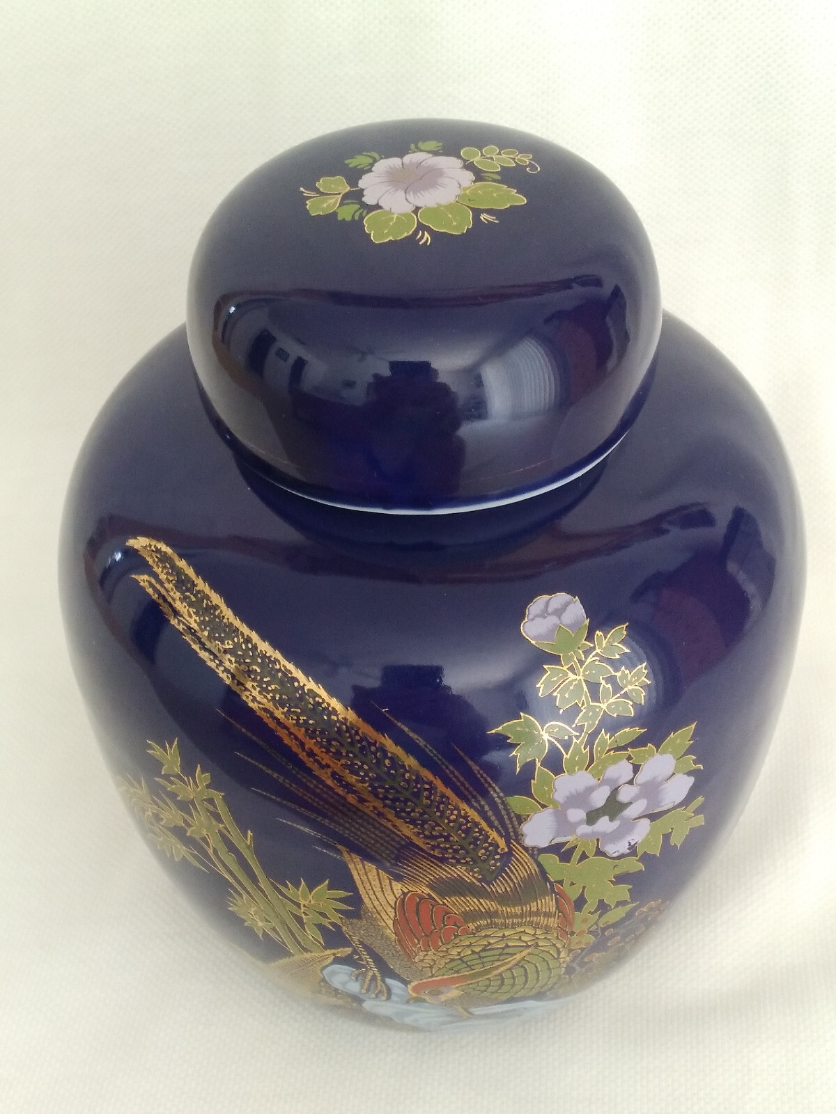 Vintage Cobalt Blue GINGER / HERB JAR URN VASE w/ Gold Accented Pheasant and Lid