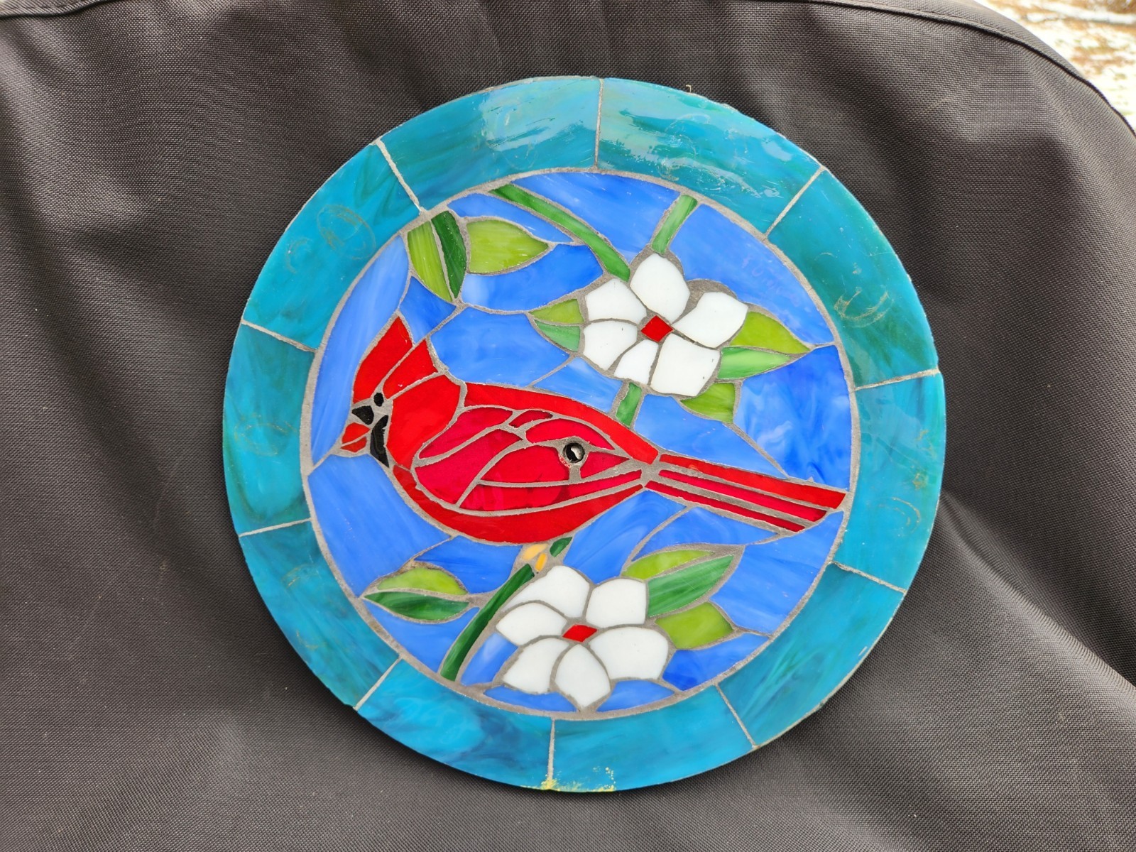 Vtg Handmade Stained Glass Red Cardinal Bird 11″ Art Flowers Round Ceramic Lid